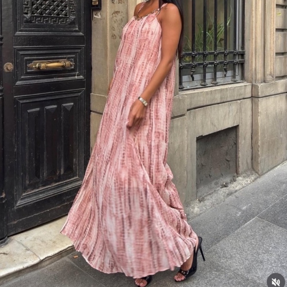 Zara Blush Pink Tie-Dye Maxi Dress with Grommet Straps